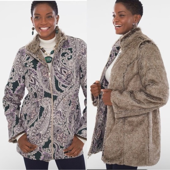 Chico's Jackets & Blazers - Chico’s Reversible Faux Fur Paisley Full-Zip Jacket Size 12/14 NWT